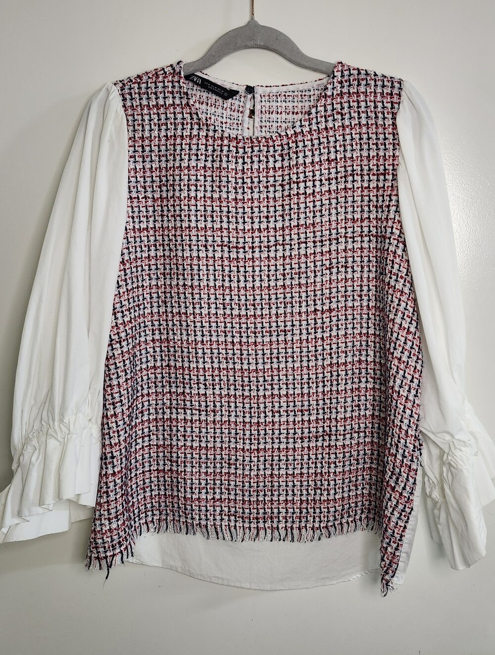 ZARA Tweed Ruffle Sleeve Blouse Medium Americana Coastal Grandmother Preppy